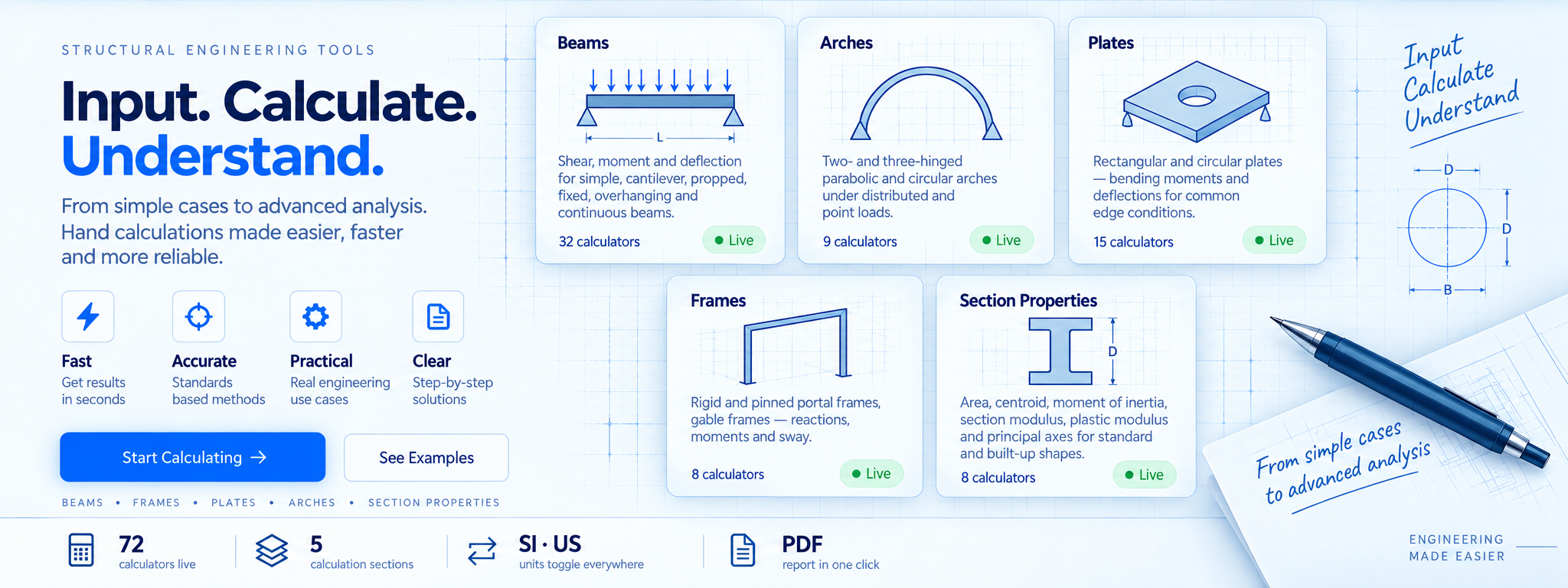 Hand Calc engineering hero visual showing calculation categories and workflow highlights